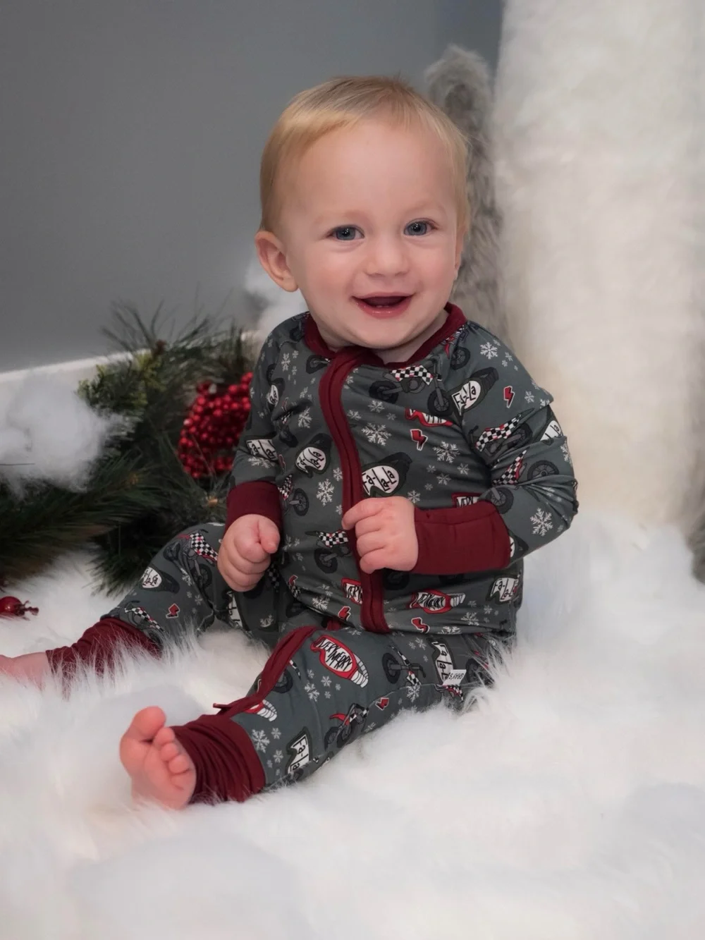 Family Holiday Moto Print Pajama - Green with Red Trim